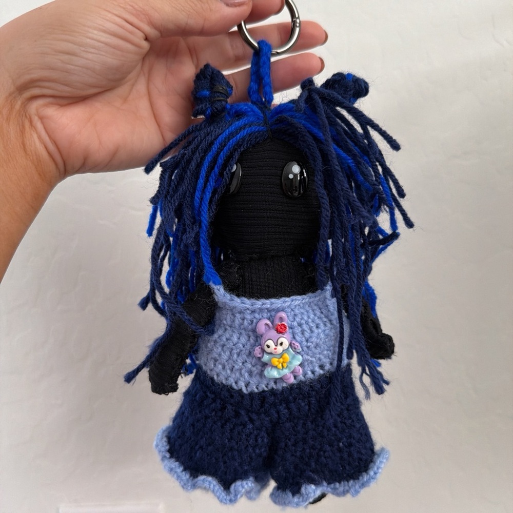 Handmade Black & Blue Yarn Doll Keychain - Cute Plush Accessory